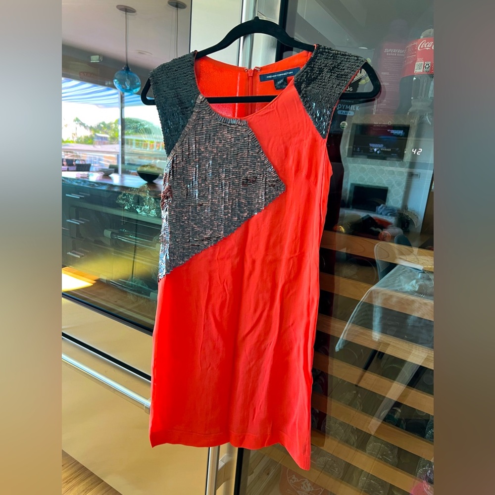 New French Connection Orange Silk Cap Sleeve Sequin Sheath Dress, Size 2